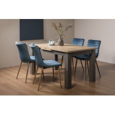 Oakham Scandi Oak 4-6 Seater Dining Table with Dark Grey Legs & 4 Eriksen Petrol Blue Velvet Fabric Chairs with Grey Rustic Oak Effect Legs