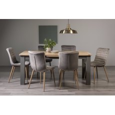 Oakham Scandi Oak 6-8 Seater Dining Table with Dark Grey Legs & 6 Eriksen Grey Velvet Fabric Chairs with Grey Rustic Oak Effect Legs