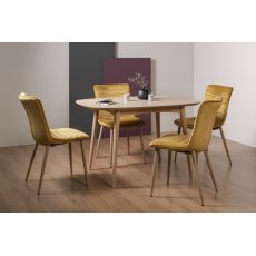 Dansk Scandi Oak 4 Seater Dining Table & 4 Eriksen Mustard Velvet Fabric Chairs with Grey Rustic Oak Effect Legs