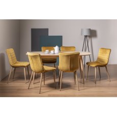 Dansk Scandi Oak 6 Seater Dining Table & 6 Eriksen Mustard Velvet Fabric Chairs with Grey Rustic Oak Effect Legs