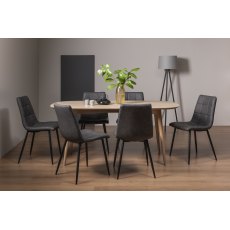 Dansk Scandi Oak 6 Seater Dining Table & 6 Mondrian Dark Grey Faux Leather Chairs with Sand Black Powder Coated Legs