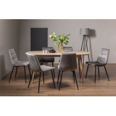 Dansk Scandi Oak 6 Seater Dining Table & 6 Mondrian Grey Velvet Fabric Chairs with Sand Black Powder Coated Legs
