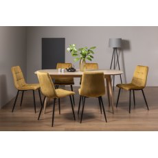 Dansk Scandi Oak 6 Seater Dining Table & 6 Mondrian Mustard Velvet Fabric Chairs with Sand Black Powder Coated Legs