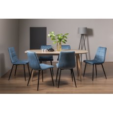Dansk Scandi Oak 6 Seater Dining Table & 6 Mondrian Petrol Blue Velvet Fabric Chairs with Sand Black Powder Coated Legs