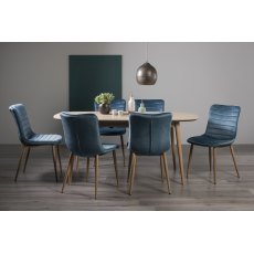 Dansk Scandi Oak 6-8 Seater Dining Table & 6 Eriksen Petrol Blue Velvet Fabric Chairs with Grey Rustic Oak Effect Legs