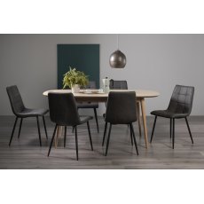 Dansk Scandi Oak 6-8 Seater Dining Table & 6 Mondrian Dark Grey Faux Leather Chairs with Sand Black Powder Coated Legs
