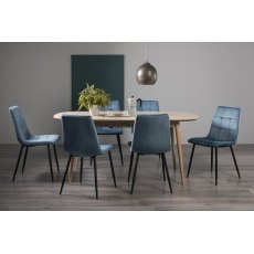 Dansk Scandi Oak 6-8 Seater Table & 6 Mondrian Petrol Blue Velvet Chairs