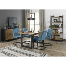 Indus Rustic Oak 4-6 Seater Dining Table with Peppercorn Legs & 4 Lewis Petrol Blue Velvet Cantilever Chairs with Sand Black Powder Coated Frame