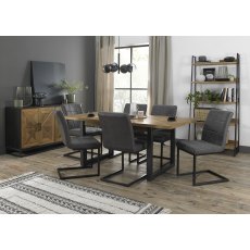 Indus Rustic Oak 6-8 Seater Dining Table with Peppercorn Legs & 6 Lewis Distressed Dark Grey Fabric Cantilever Chairs with Sand Black Powder Coated Frame