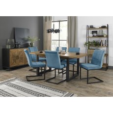 Indus Rustic Oak 6-8 Seater Table & 6 Lewis Petrol Blue Velvet Cantilever Chairs