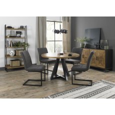Indus Rustic Oak 4 Seater Dining Table with Peppercorn Legs & 4 Lewis Distressed Dark Grey Fabric Cantilever Chairs with Sand Black Powder Coated Frame