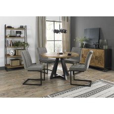 Indus Rustic Oak 4 Seater Dining Table with Peppercorn Legs & 4 Lewis Grey Velvet Cantilever Chairs with Sand Black Powder Coated Frame
