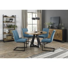 Indus Rustic Oak 4 Seater Dining Table with Peppercorn Legs & 4 Lewis Petrol Blue Velvet Cantilever Chairs with Sand Black Powder Coated Frame