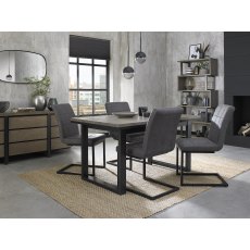Tivoli Weathered Oak 4-6 Seater Dining Table with Peppercorn Legs & 4 Lewis Distressed Dark Grey Fabric Cantilever Chairs with Sand Black Powder Coated Frame