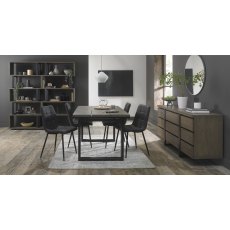 Tivoli Weathered Oak 4-6 Seater Dining Table with Peppercorn Legs & 4 Mondrian Dark Grey Faux Leather Chairs with Sand Black Powder Coated Legs