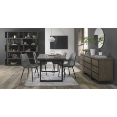Tivoli Weathered Oak 4-6 Seater Dining Table with Peppercorn Legs & 4 Mondrian Grey Velvet Chairs with Sand Black Powder Coated Legs
