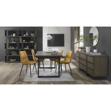 Tivoli Weathered Oak 4-6 Seater Dining Table with Peppercorn Legs & 4 Mondrian Mustard Velvet Chairs with Sand Black Powder Coated Legs