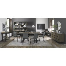 Tivoli Weathered Oak 6-8 Seater Dining Table with Peppercorn Legs & 6 Mondrian Grey Velvet Chairs with Sand Black Powder Coated Legs
