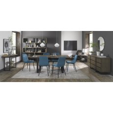 Tivoli Weathered Oak 6-8 Seater Dining Table with Peppercorn Legs & 6 Mondrian Petrol Blue Chairs with Sand Black Powder Coated Legs