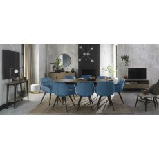 Vintage Weathered Oak 6-8 Seater Dining Table with Peppercorn Legs & 8 Dali Petrol Blue Velvet Chairs with Sand Black Powder Coated Legs