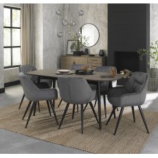 Vintage Weathered Oak 6 Seater Dining Table with Peppercorn Legs & 6 Dali Grey Velvet Chairs with Sand Black Powder Coated Legs