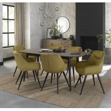 Vintage Weathered Oak 6 Seater Dining Table with Peppercorn Legs & 6 Dali Mustard Velvet Chairs with Sand Black Powder Coated Legs