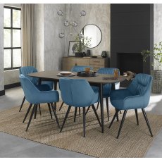 Vintage Weathered Oak 6 Seater Dining Table with Peppercorn Legs & 6 Dali Petrol Blue Velvet Chairs with Sand Black Powder Coated Legs