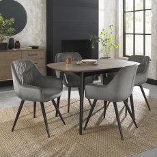 Vintage Weathered Oak 4 Seater Dining Table with Peppercorn Legs & 4 Dali Grey Velvet Chairs with Sand Black Powder Coated Legs