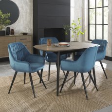 Vintage Weathered Oak 4 Seater Dining Table with Peppercorn Legs & 4 Dali Petrol Blue Velvet Chairs with Sand Black Powder Coated Legs
