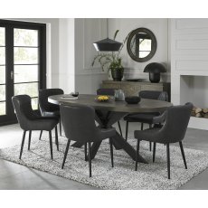 Ellipse Fumed Oak 6 Seater Dining Table & 6 Cezanne Dark Grey Faux Leather Chairs with Sand Black Powder Coated Legs