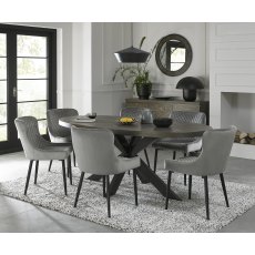 Ellipse Fumed Oak 6 Seater Dining Table & 6 Cezanne Grey Velvet Fabric Chairs with Sand Black Powder Coated Legs
