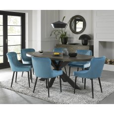 Ellipse Fumed Oak 6 Seater Dining Table & 6 Cezanne Petrol Blue Velvet Fabric Chairs with Sand Black Powder Coated Legs
