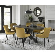 Ellipse Fumed Oak 6 Seater Dining Table & 6 Cezanne Mustard Velvet Fabric Chairs with Sand Black Powder Coated Legs