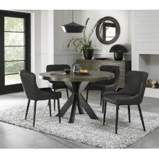 Ellipse Fumed Oak 4 Seater Dining Table & 4 Cezanne Dark Grey Faux Leather Chairs with Sand Black Powder Coated Legs