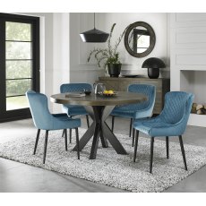 Ellipse Fumed Oak 4 Seater Dining Table & 4 Cezanne Petrol Blue Velvet Fabric Chairs with Sand Black Powder Coated Legs