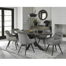 Ellipse Fumed Oak 6 Seater Dining Table & 6 Dali Grey Velvet Fabric Chairs with Sand Black Powder Coated Legs