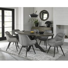 Ellipse Fumed Oak 6 Seater Table & 6 Dali Grey Velvet Chairs - Black Legs