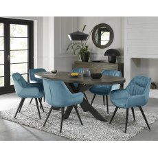 Ellipse Fumed Oak 6 Seater Dining Table & 6 Dali Petrol Blue Velvet Fabric Chairs with Sand Black Powder Coated Legs