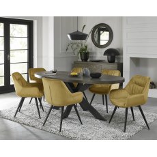 Ellipse Fumed Oak 6 Seater Dining Table & 6 Dali Mustard Velvet Fabric Chairs with Sand Black Powder Coated Legs