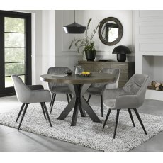 Ellipse Fumed Oak 4 Seater Dining Table & 4 Dali Grey Velvet Fabric Chairs with Sand Black Powder Coated Legs
