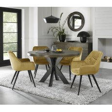 Ellipse Fumed Oak 4 Seater Dining Table & 4 Dali Mustard Velvet Fabric Chairs with Sand Black Powder Coated Legs
