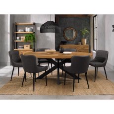 Ellipse Rustic Oak 6 Seater Dining Table & 6 Cezanne Dark Grey Faux Leather Chairs with Sand Black Powder Coated Legs