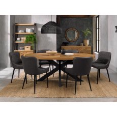 Ellipse Rustic Oak 6 Seater Table & 6 Cezanne Dark Grey Faux Leather Chairs - Black Legs