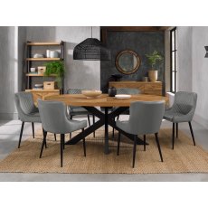 Ellipse Rustic Oak 6 Seater Dining Table & 6 Cezanne Grey Velvet Fabric Chairs with Sand Black Powder Coated Legs