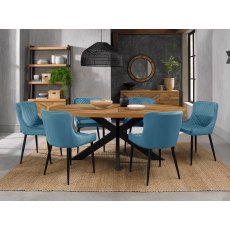 Ellipse Rustic Oak 6 Seater Dining Table & 6 Cezanne Petrol Blue Velvet Fabric Chairs with Sand Black Powder Coated Legs
