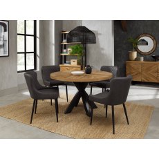 Ellipse Rustic Oak 4 Seater Dining Table & 4 Cezanne Dark Grey Faux Leather Chairs with Sand Black Powder Coated Legs
