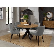 Ellipse Rustic Oak 4 Seater Table & 4 Cezanne Grey Velvet Chairs - Black Legs