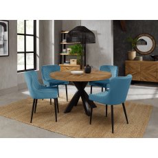 Ellipse Rustic Oak 4 Seater Dining Table & 4 Cezanne Petrol Blue Velvet Fabric Chairs with Sand Black Powder Coated Legs