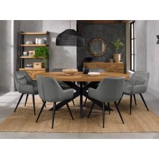 Ellipse Rustic Oak 6 Seater Dining Table & 6 Dali Grey Velvet Fabric Chairs with Sand Black Powder Coated Legs