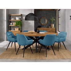 Ellipse Rustic Oak 6 Seater Table & 6 Dali Petrol Blue Velvet Chairs - Black Legs